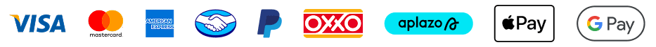 Métodos de pago: Visa, Mastercard, 7-Eleven, American Express, Mercado Pago, PayPal, OXXO, Aplazo, Apple Pay y Google Pay